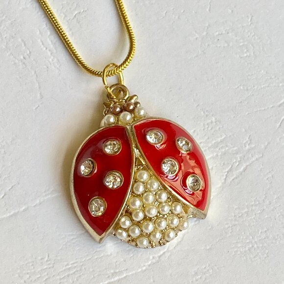 Crystal Ladybug Necklace Gold Plated 16-18" Chain Insect Red Enamel Pearl - Picture 4 of 8